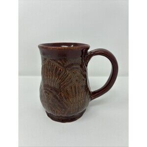 Handmade Glazed Pottery Mug, Signed, Maroon, Shell Pattern
